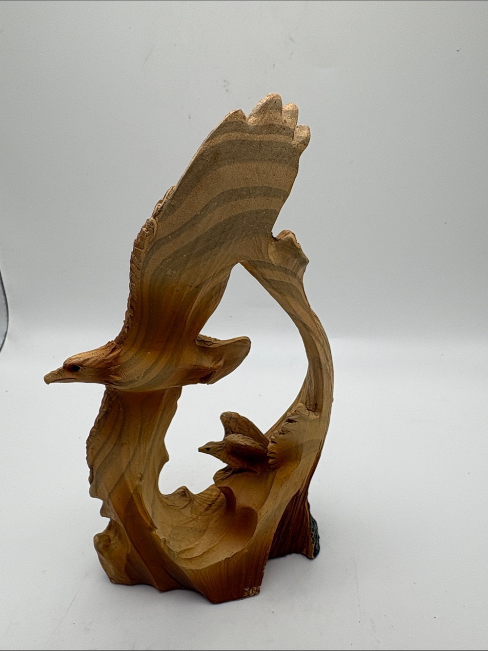 Faux Wood Resin American Bald Eagle with Eaglet Figurine